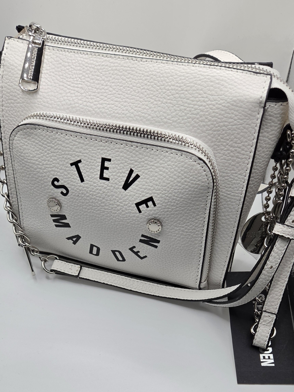 Steve Madden White Pebbled Crossbody Bag with Logo Front Pocket